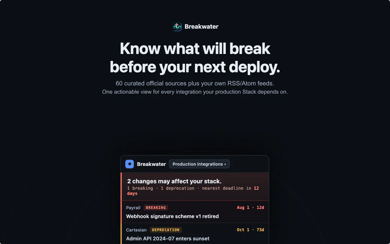 Breakwater popup showing a relevant API breaking change and its deadline